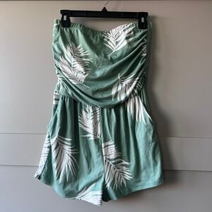 Hawaiian Women Small Green Palm Leaf Strapless Romper Shorts‎ Beach Tropical